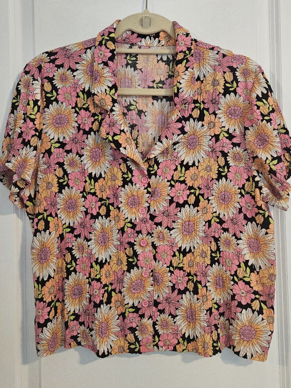 Vintage Style Floral Camp Shirt Blouse Pink Peach Black Retro Top